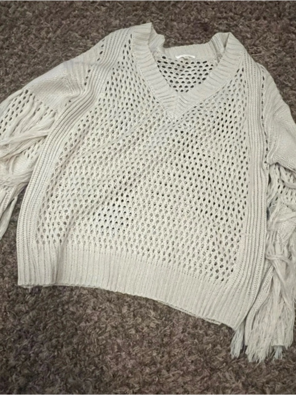 Women's Cream Open-Knit V-Neck Sweater with Fringe